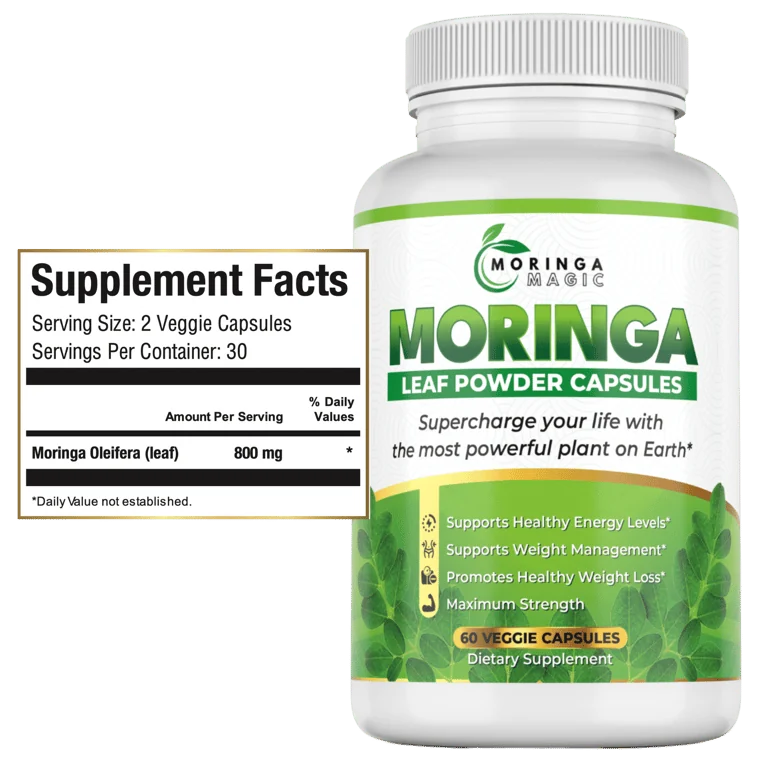 Moringa Magic bottle shown with Supplement Facts listing 800 mg of Moringa oleifera leaf per two-capsule serving